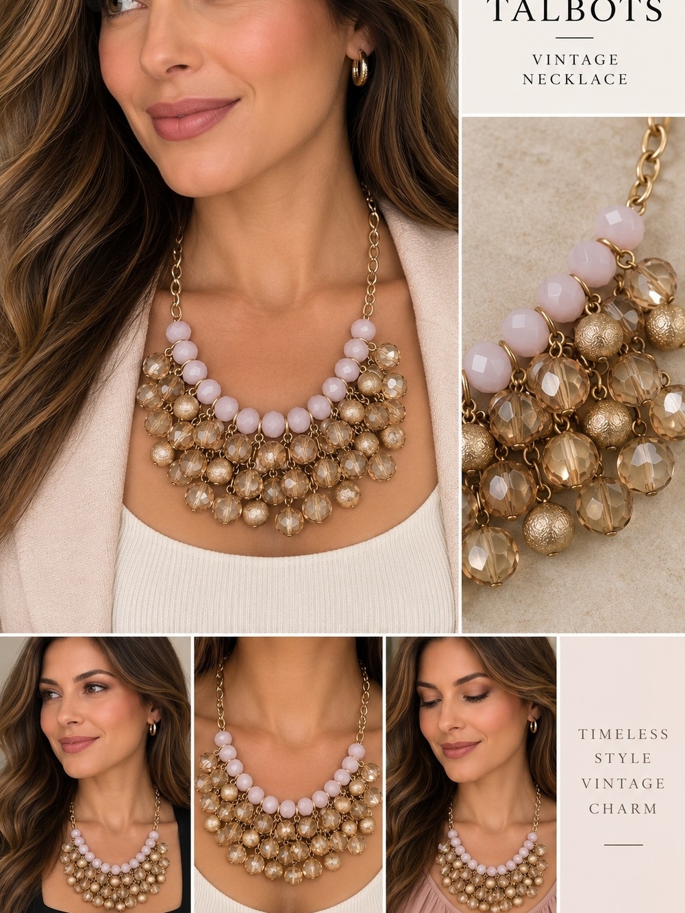 Talbots Blush Pink and Gold Statement Bib Necklace